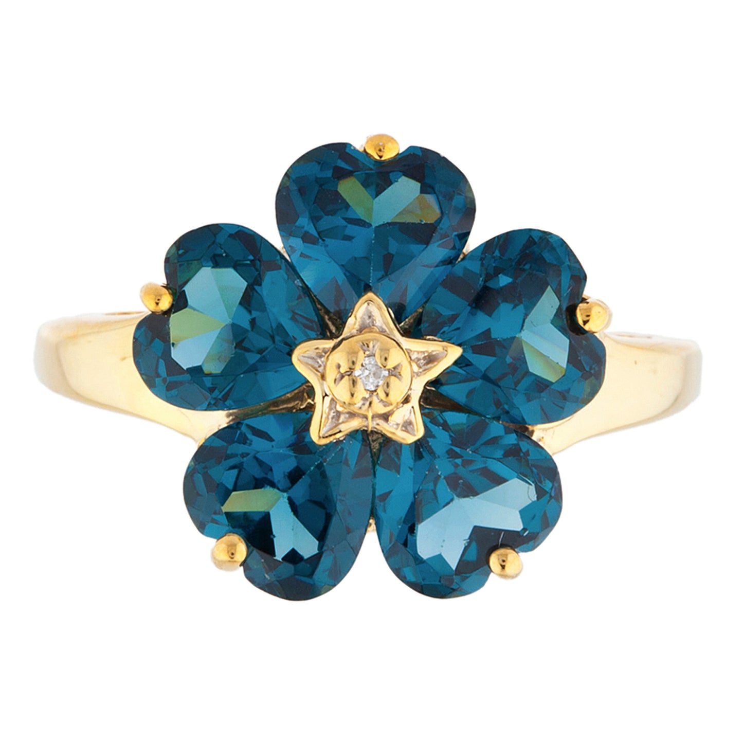 14Kt Gold London Blue Topaz & Diamond Heart Flower Design Ring