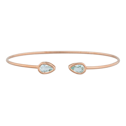 14Kt Rose Gold Plated Genuine Aquamarine Pear Bezel Bangle Bracelet