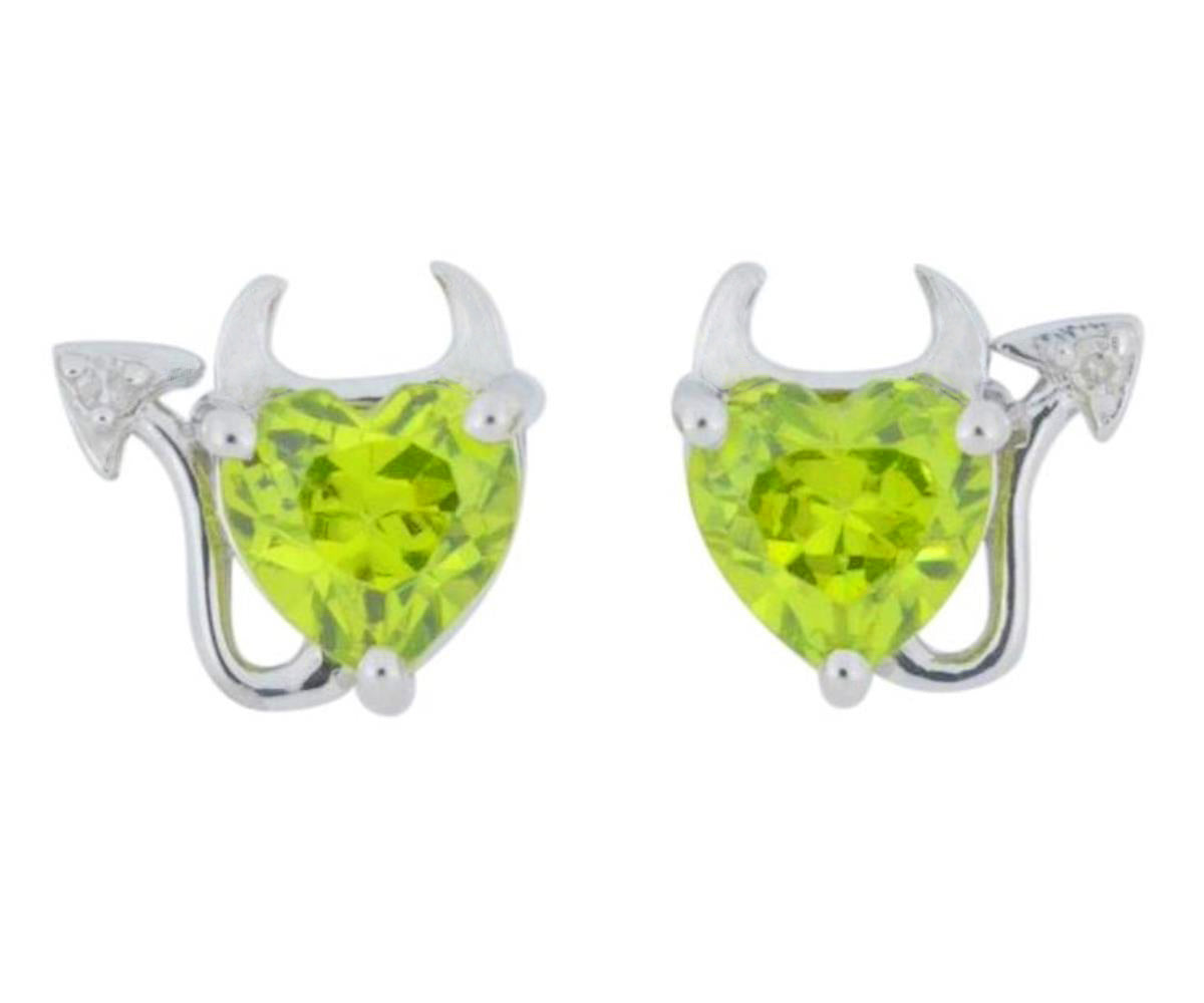 Peridot & Diamond Devil Heart Stud Earrings .925 Sterling Silver