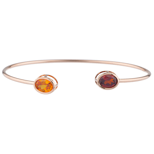 Orange Citrine & Garnet Oval Bezel Bangle Bracelet 14Kt Rose Gold Plated Over .925 Sterling Silver