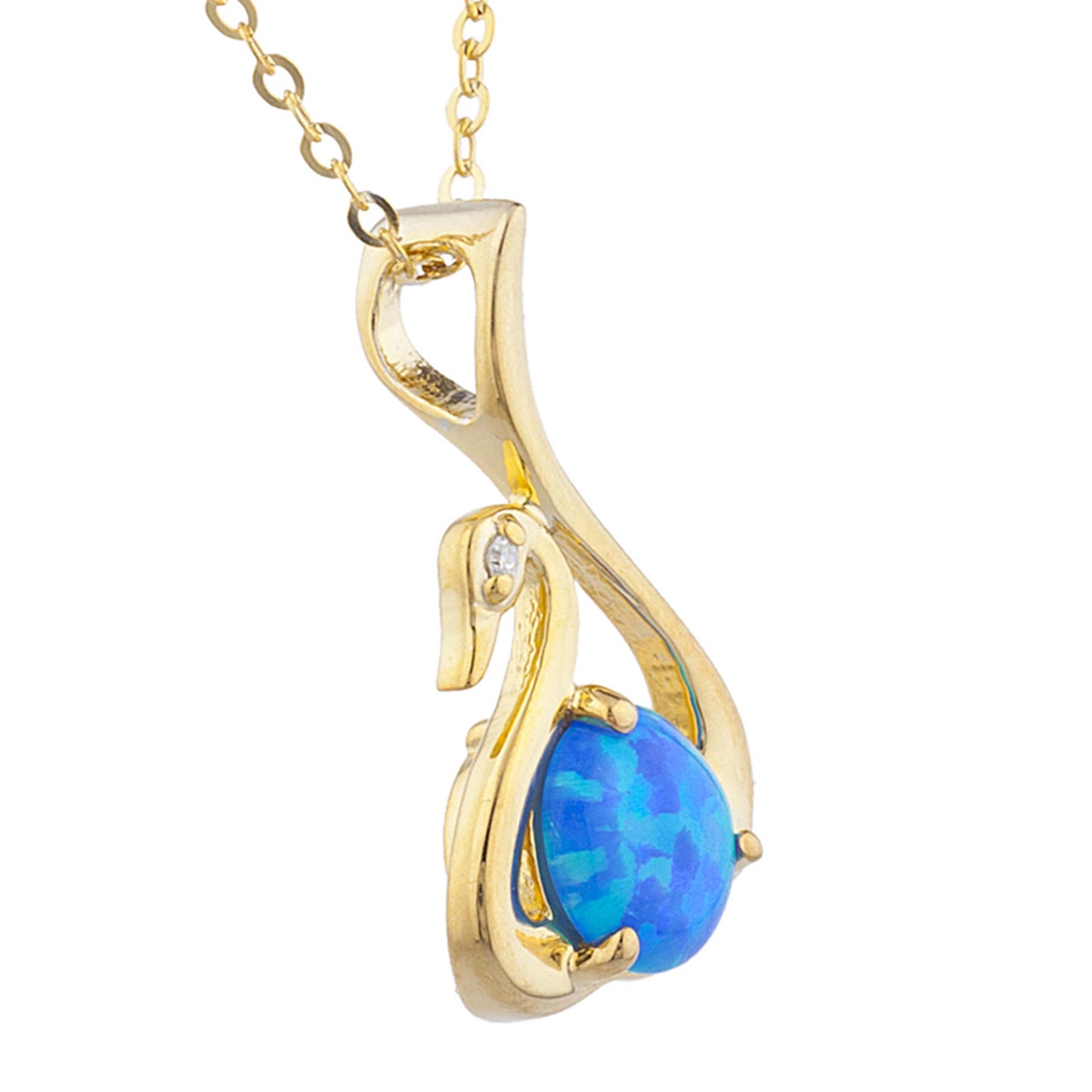 14Kt Yellow Gold Plated Blue Opal & Diamond Swan Pendant