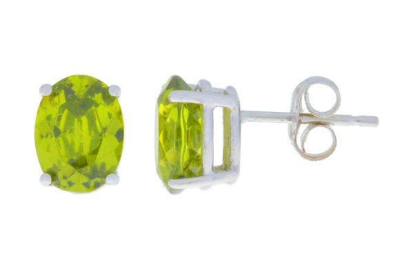 Peridot Oval Stud Earrings .925 Sterling Silver Rhodium Finish