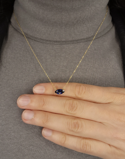 14Kt Gold Blue Sapphire Marquise Pendant Necklace