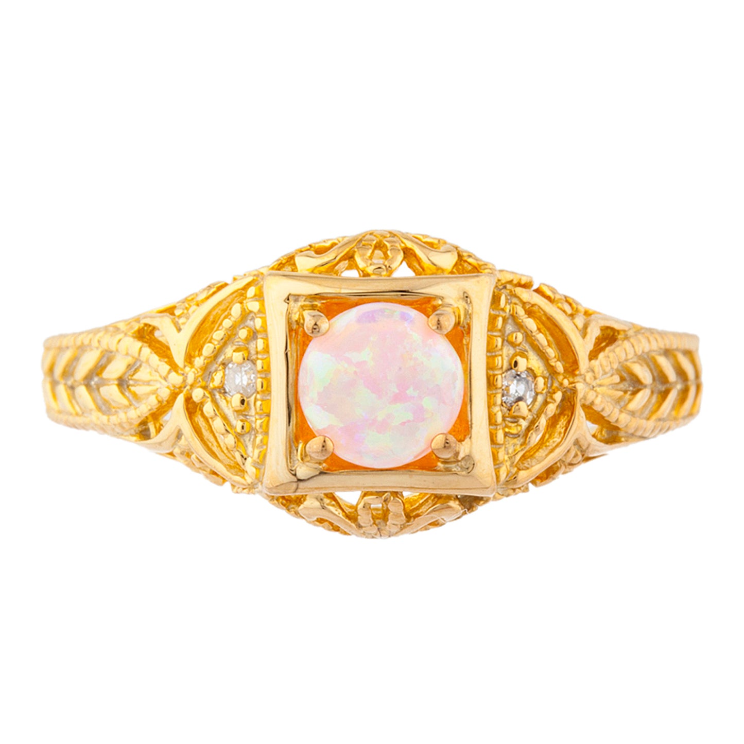 14Kt Gold Pink Opal & Diamond Design Round Ring