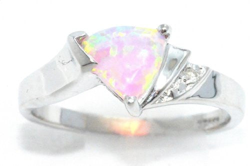 7mm Pink Opal & Diamond Trillion Ring .925 Sterling Silver Rhodium Finish