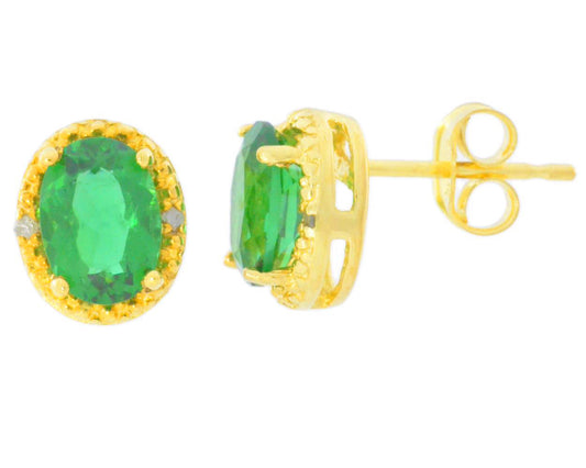 2 Ct Emerald & Diamond Oval Stud Earrings 14Kt Yellow Gold Plated