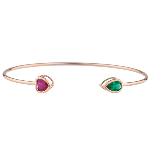 Created Ruby Heart & Emerald Pear Bezel Bangle Bracelet 14Kt Rose Gold Plated Over .925 Sterling Silver