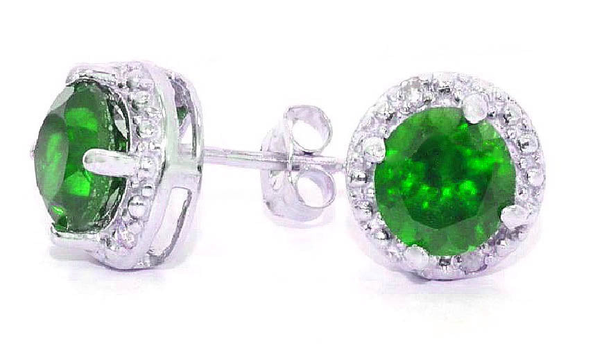 2 Ct Emerald & Diamond Round Stud Earrings .925 Sterling Silver