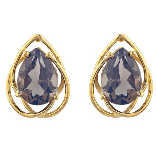 14Kt Yellow Gold Plated Genuine Smoky Topaz Pear Teardrop Design Stud Earrings