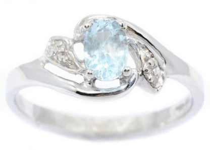 14Kt White Gold Genuine Aquamarine & Diamond Oval Ring