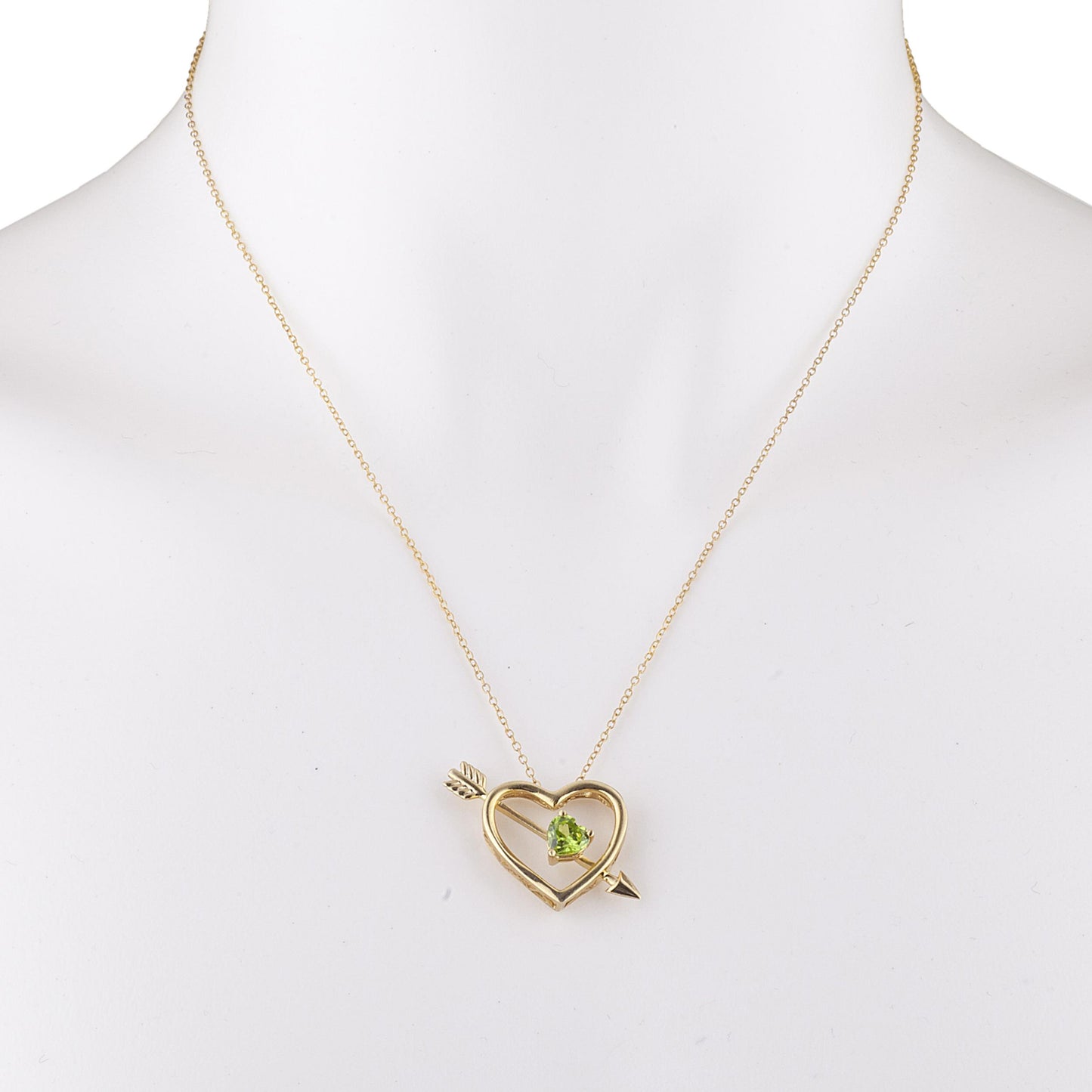 14Kt Gold Peridot Heart Bow & Arrow Pendant Necklace