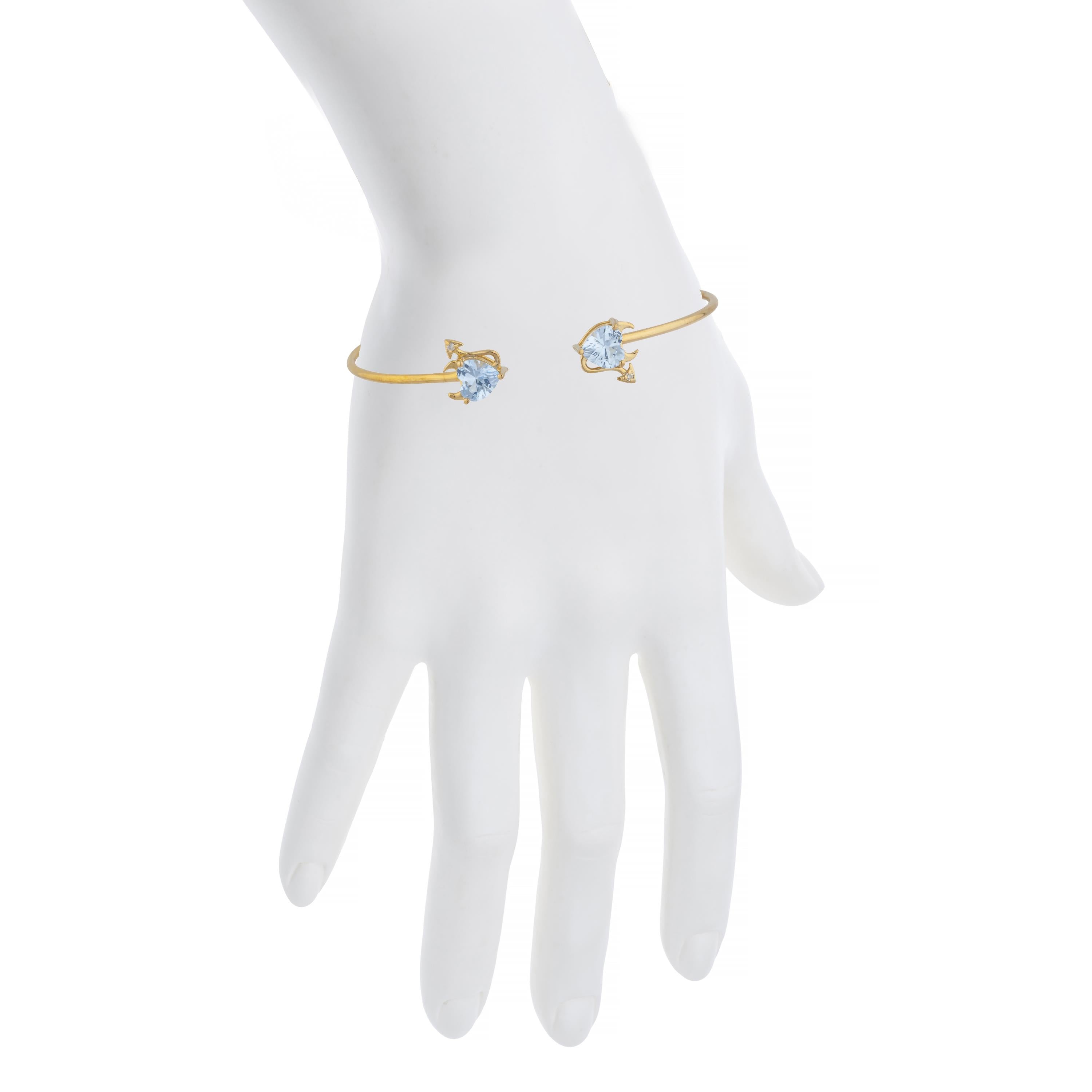 Genuine Aquamarine & Diamond Devil Heart Bangle Bracelet 14Kt Yellow Gold Rose Gold Silver
