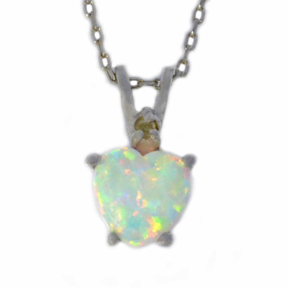 6mm Opal & Diamond Heart Pendant .925 Sterling Silver Rhodium Finish