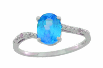 1.5 Ct Blue Topaz & Diamond Oval Ring .925 Sterling Silver Rhodium Finish