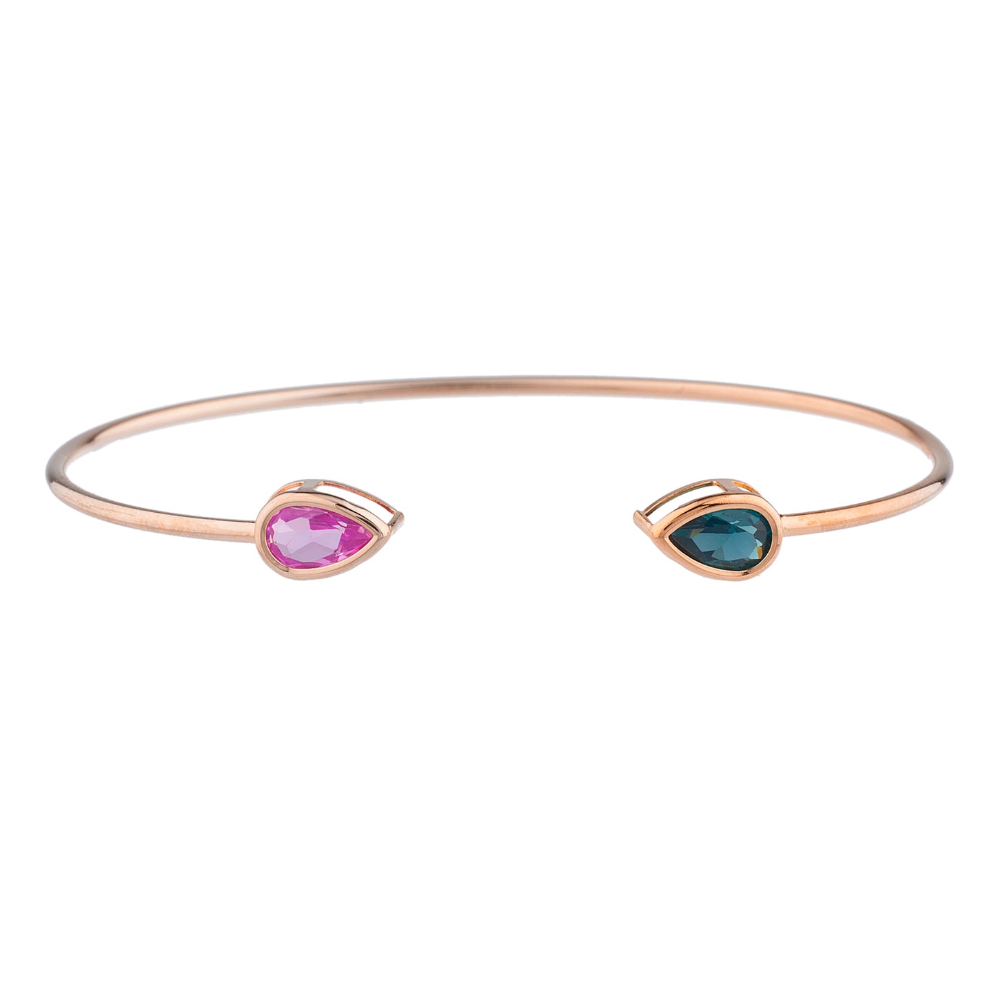 Pink Sapphire & London Blue Topaz Pear Bezel Bangle Bracelet 14Kt Rose Gold Plated Over .925 Sterling Silver