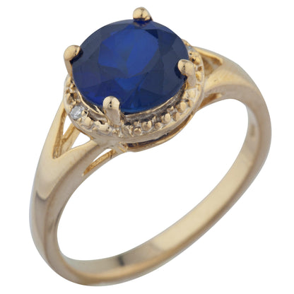 14Kt Gold 2 Ct Blue Sapphire & Diamond Halo Design Round Ring