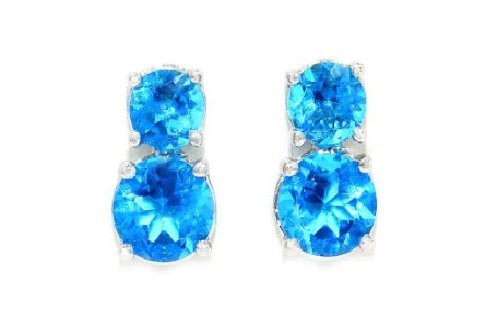 3 Ct Swiss Blue Topaz Round Double Stud Earrings .925 Sterling Silver