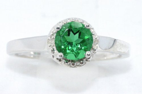 1 Ct Created Emerald & Diamond Round Ring .925 Sterling Silver Rhodium Finish