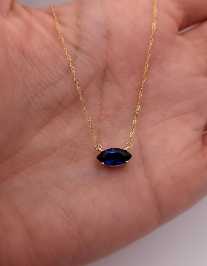 14Kt Gold Blue Sapphire Marquise Pendant Necklace