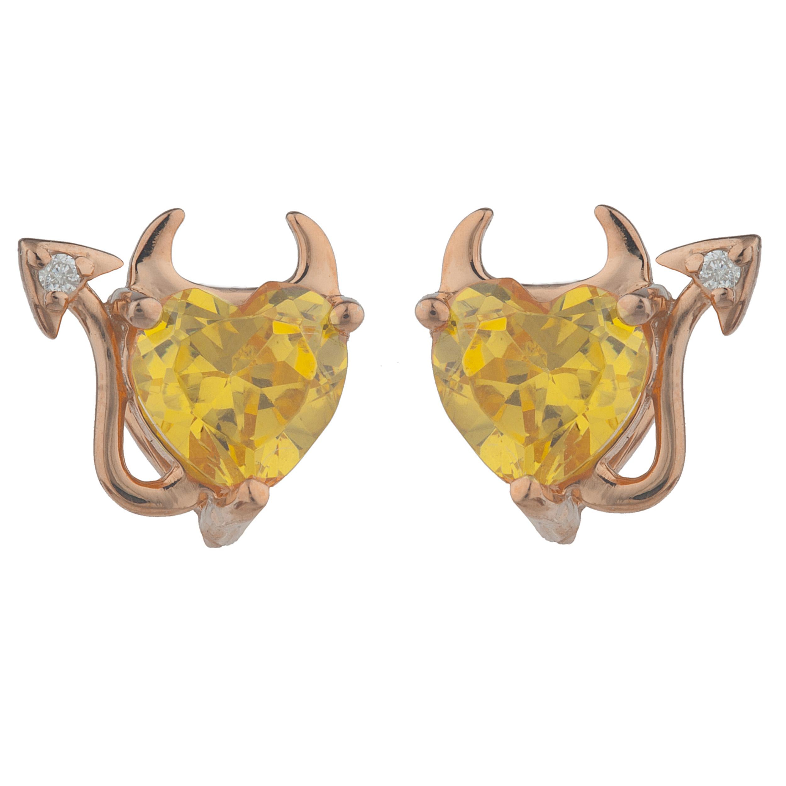 14Kt Gold Yellow Citrine & Diamond Devil Heart Stud Earrings