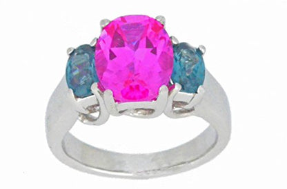 4 Ct Pink Sapphire & London Blue Topaz Oval Ring .925 Sterling Silver Rhodium Finish