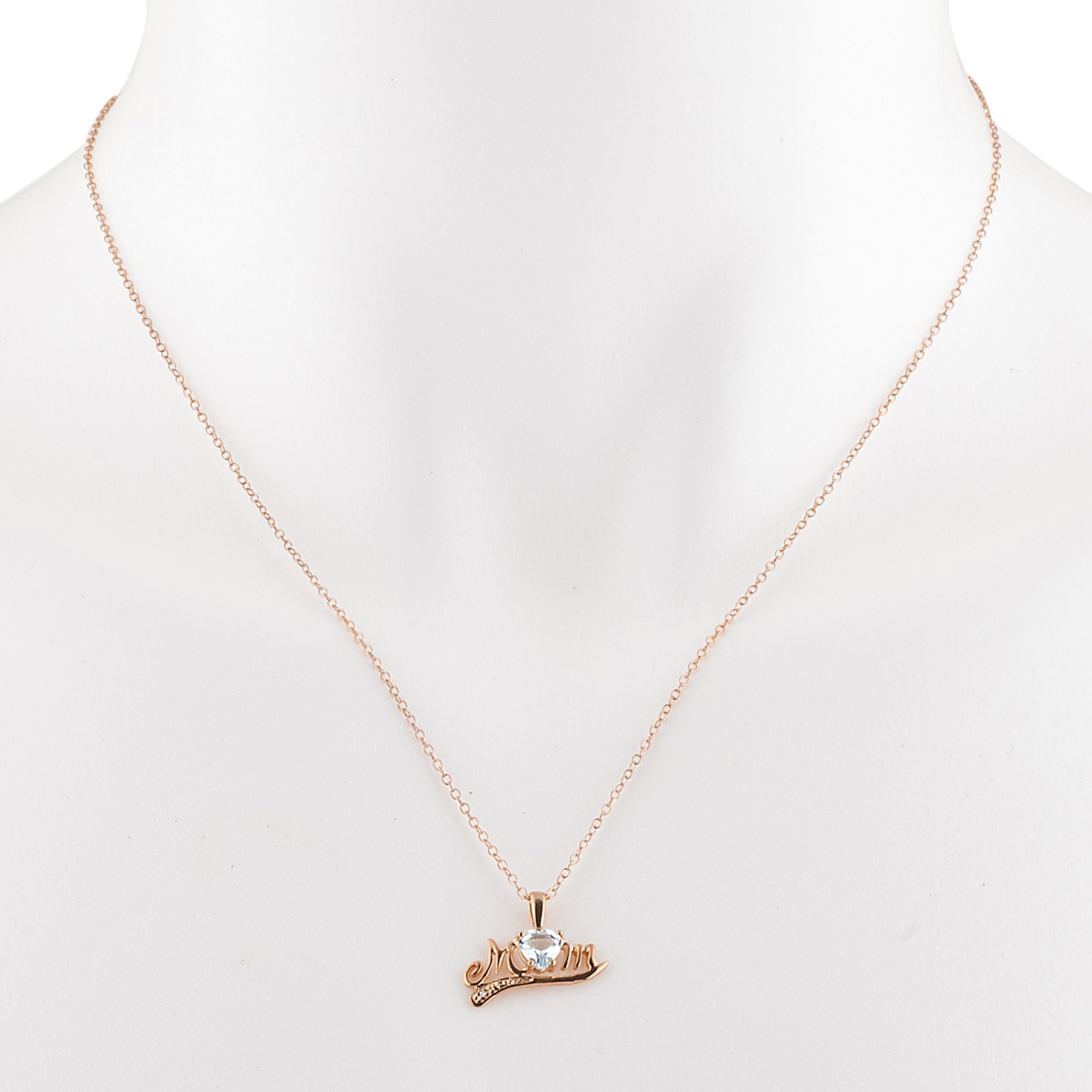 14Kt Gold Genuine Aquamarine & Diamond Heart Mom Pendant Necklace