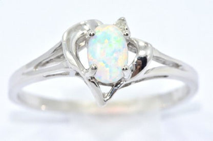 6x4mm Opal & Diamond Oval Heart Ring .925 Sterling Silver Rhodium Finish