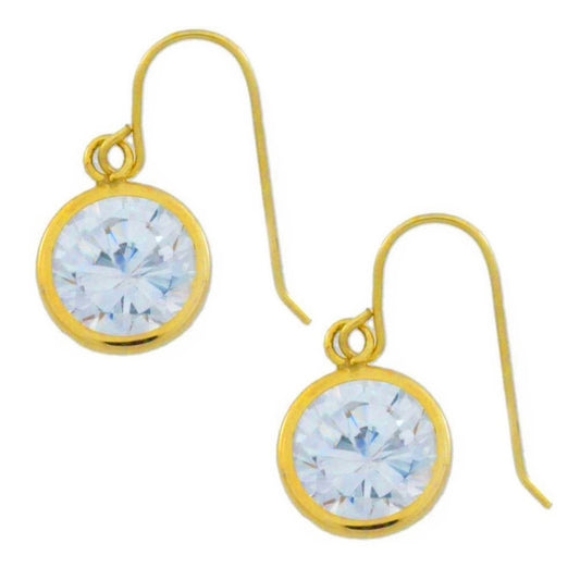 14Kt Yellow Gold White Topaz 6mm Round Bezel Dangle Earrings