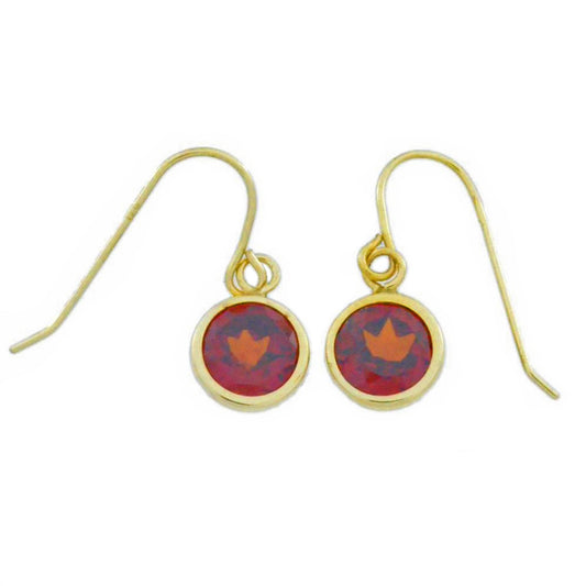 14Kt Yellow Gold Garnet 8mm Round Bezel Dangle Earrings