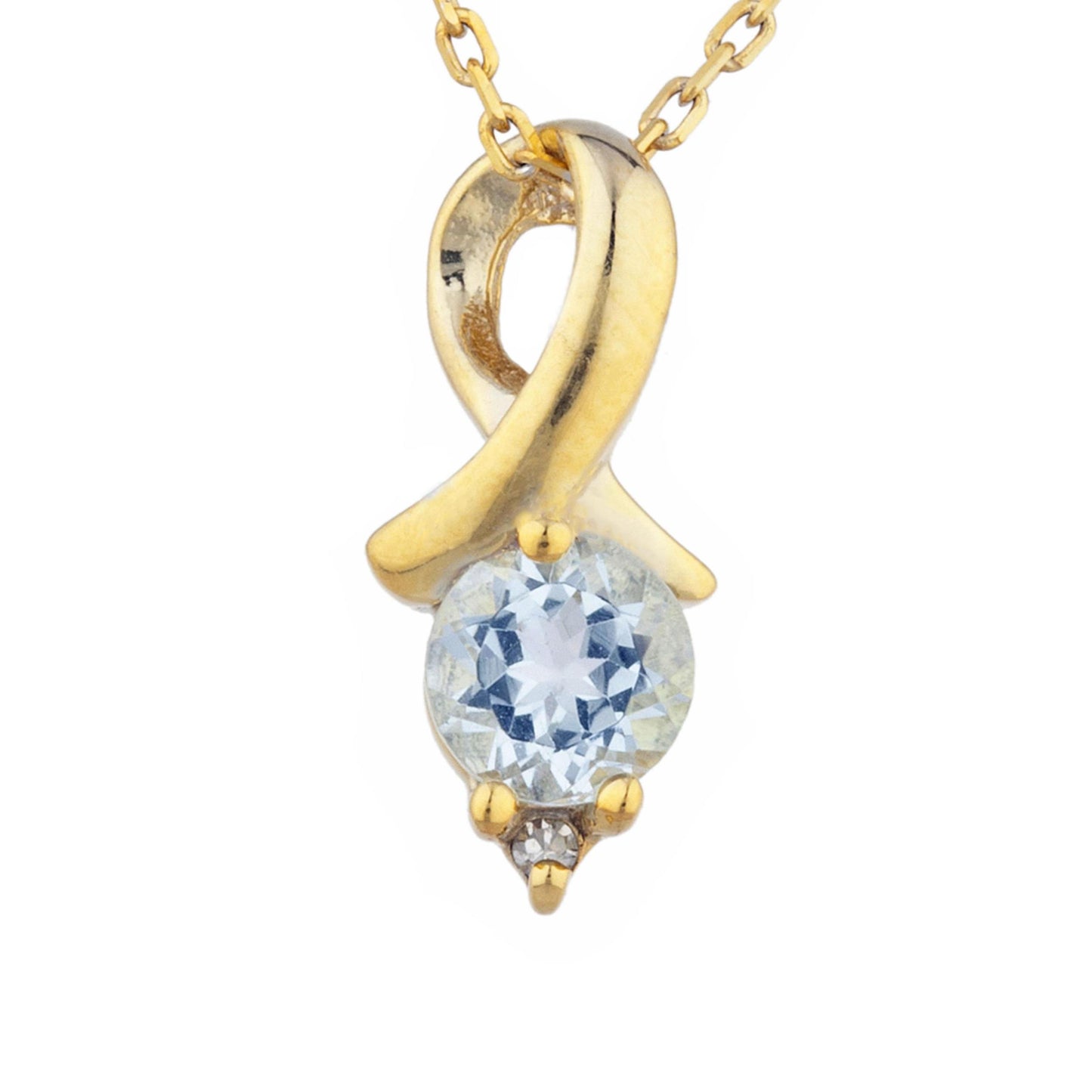 14Kt Gold Aquamarine & Diamond Round Design Pendant Necklace