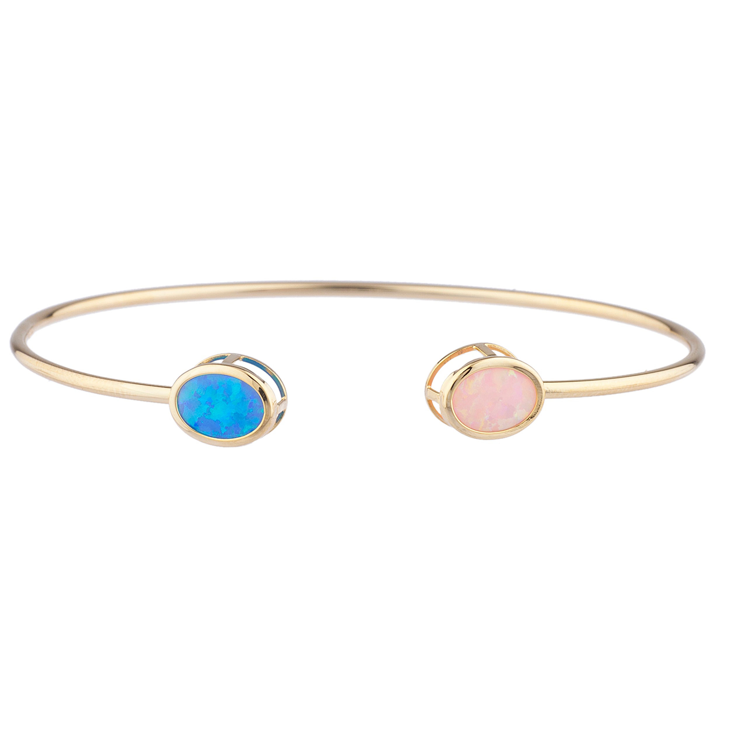 14Kt Gold Blue & Pink Opal Oval Bezel Bangle Bracelet