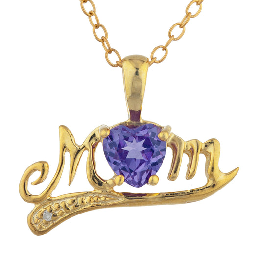 14Kt Gold Alexandrite & Diamond Heart Mom Pendant Necklace