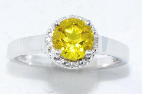 1 Ct Yellow Citrine & Diamond Round Ring .925 Sterling Silver Rhodium Finish