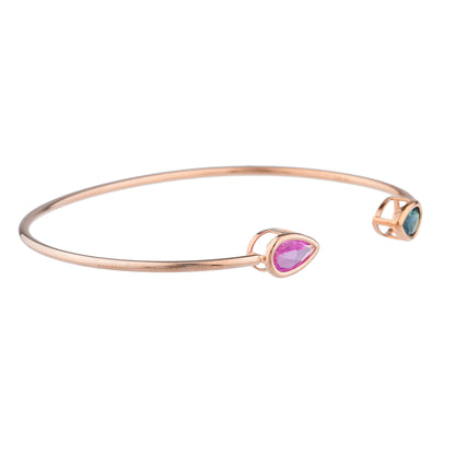 Pink Sapphire & London Blue Topaz Pear Bezel Bangle Bracelet 14Kt Rose Gold Plated Over .925 Sterling Silver