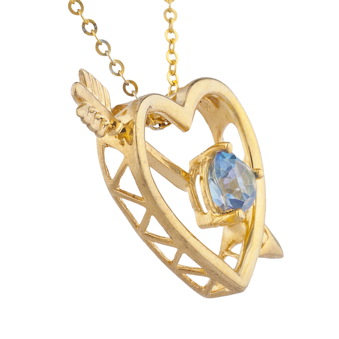 14Kt Yellow Gold Plated Natural Blue Mystic Topaz Heart Bow & Arrow Pendant