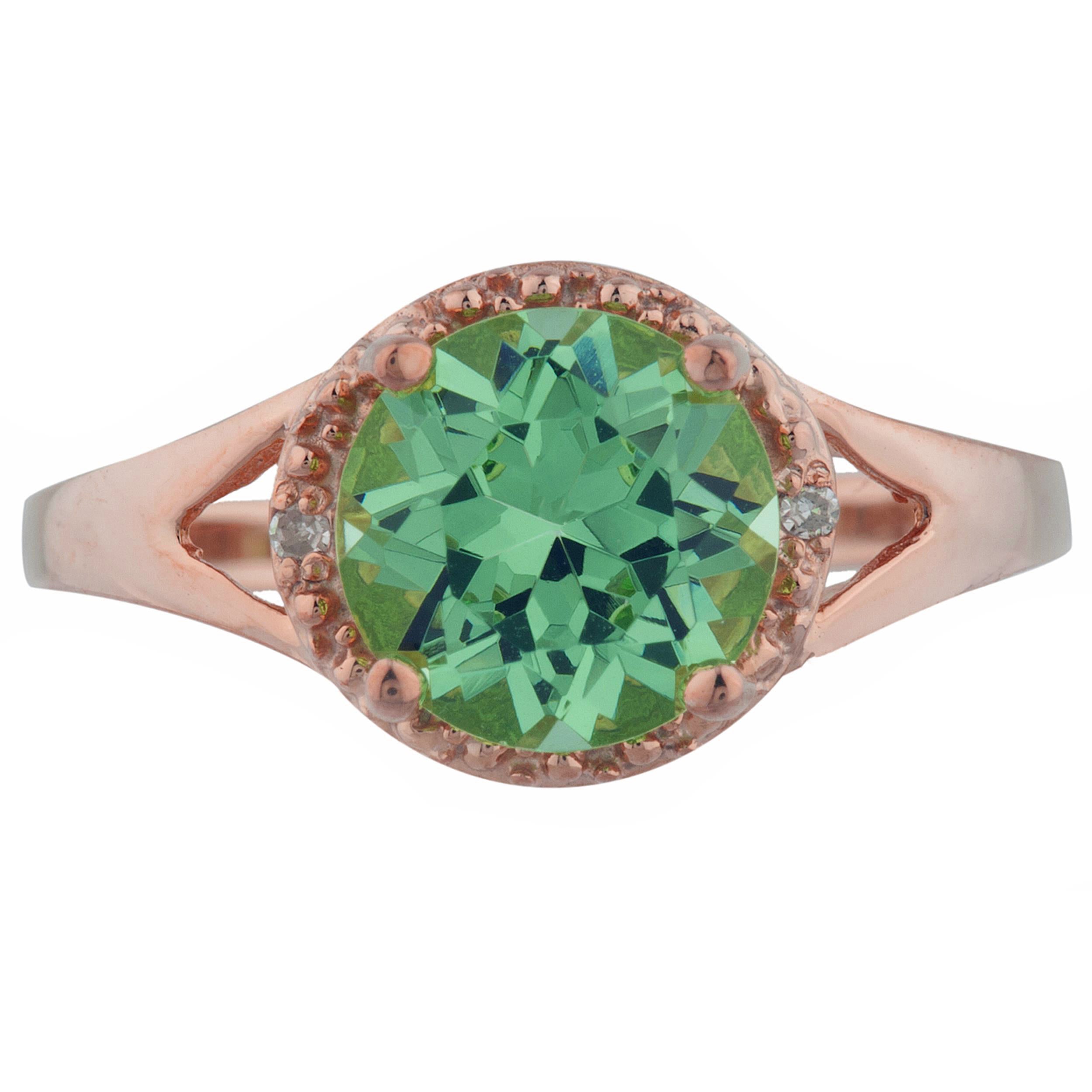 14Kt Gold 2 Ct Green Sapphire & Diamond Halo Design Round Ring