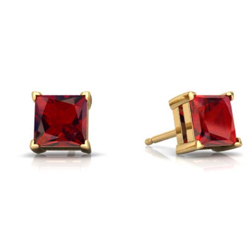 14Kt Yellow Gold Garnet Princess Cut Stud Earrings