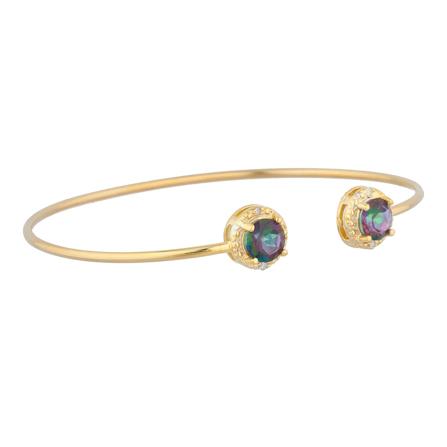 14Kt Yellow Gold Plated Natural Mystic Topaz & Diamond Round Bangle Bracelet