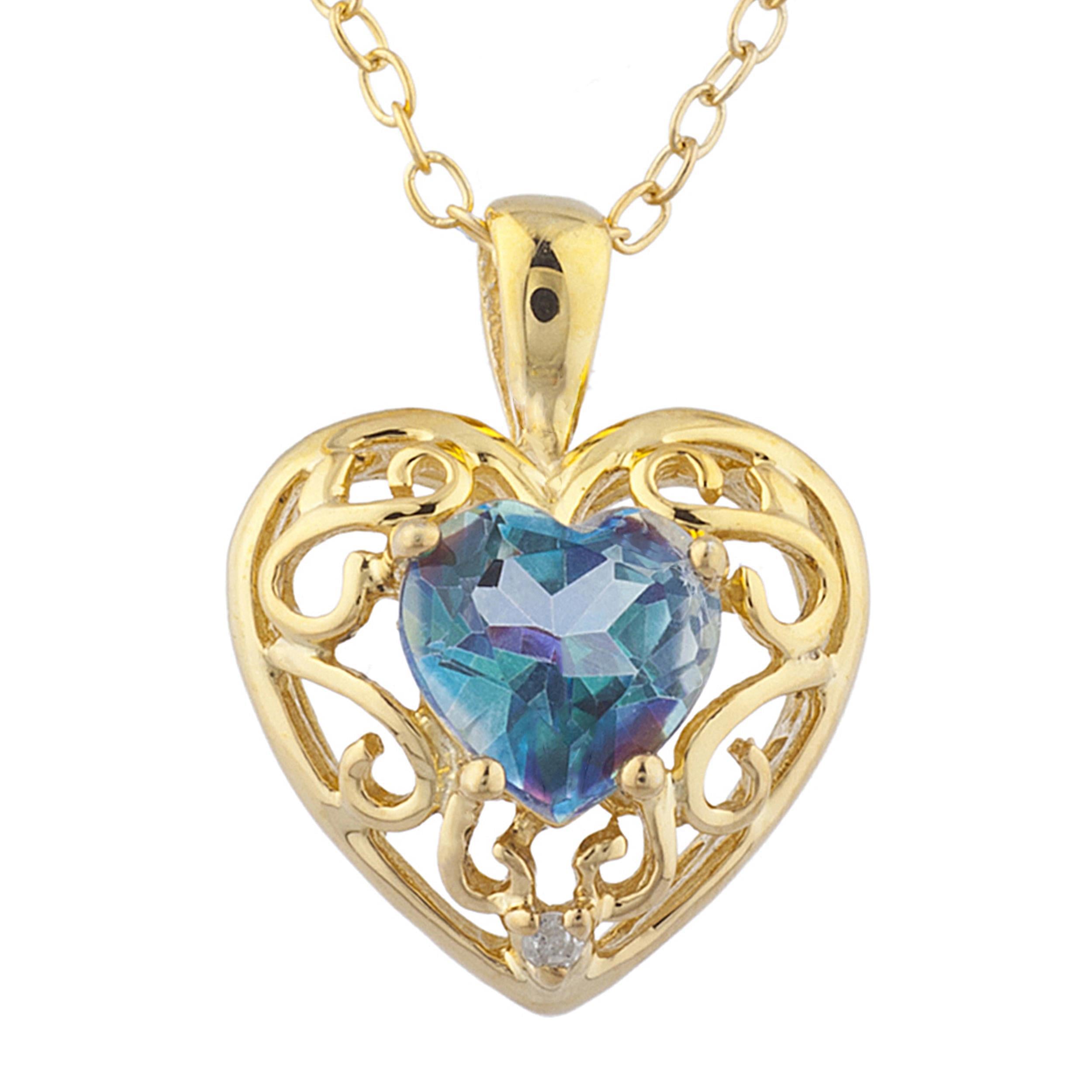 14Kt Gold Natural Blue Mystic Topaz & Diamond Heart LOVE ENGRAVED Pendant Necklace