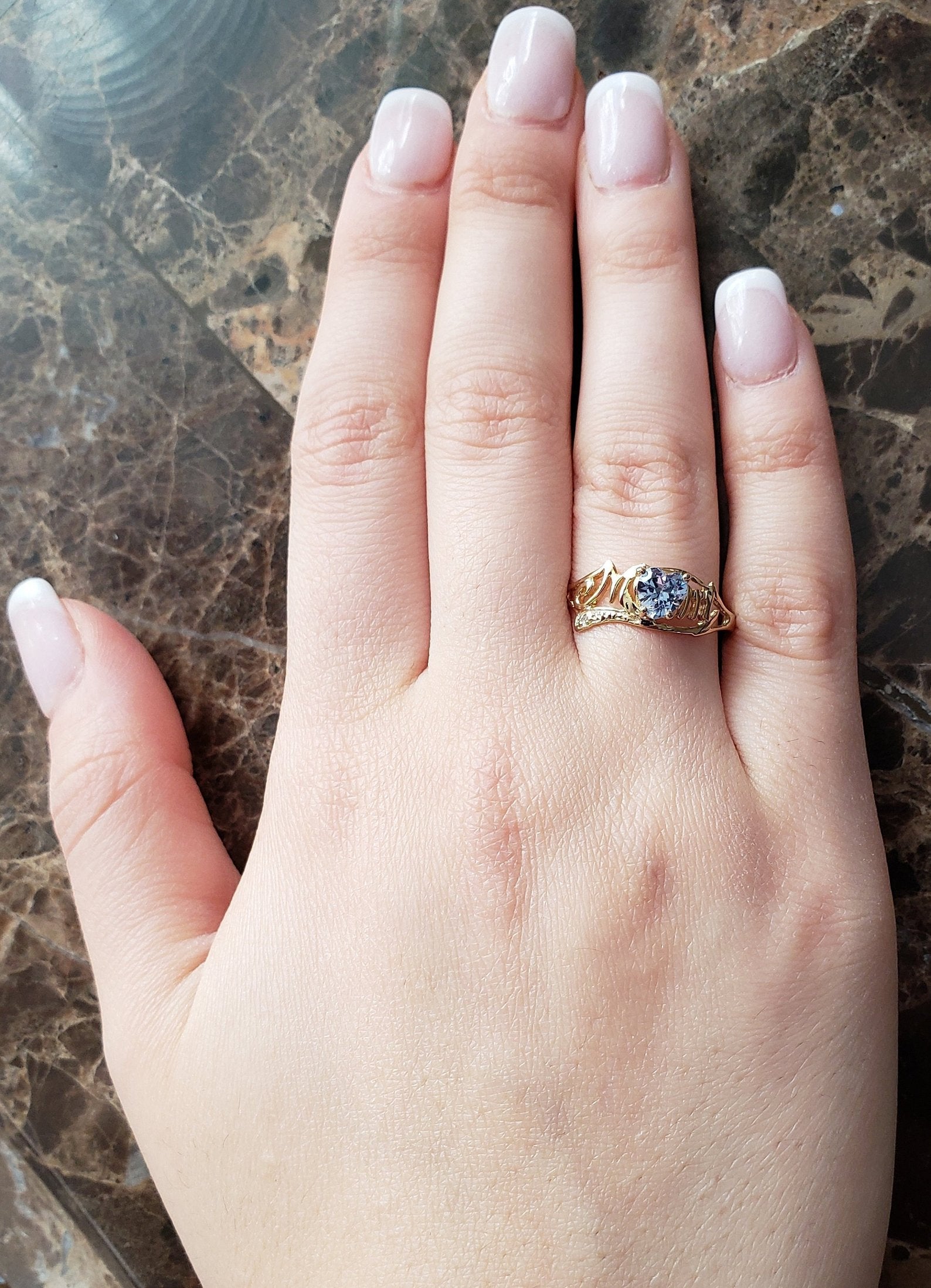 14Kt Gold Genuine Aquamarine & Diamond Heart Mom Ring
