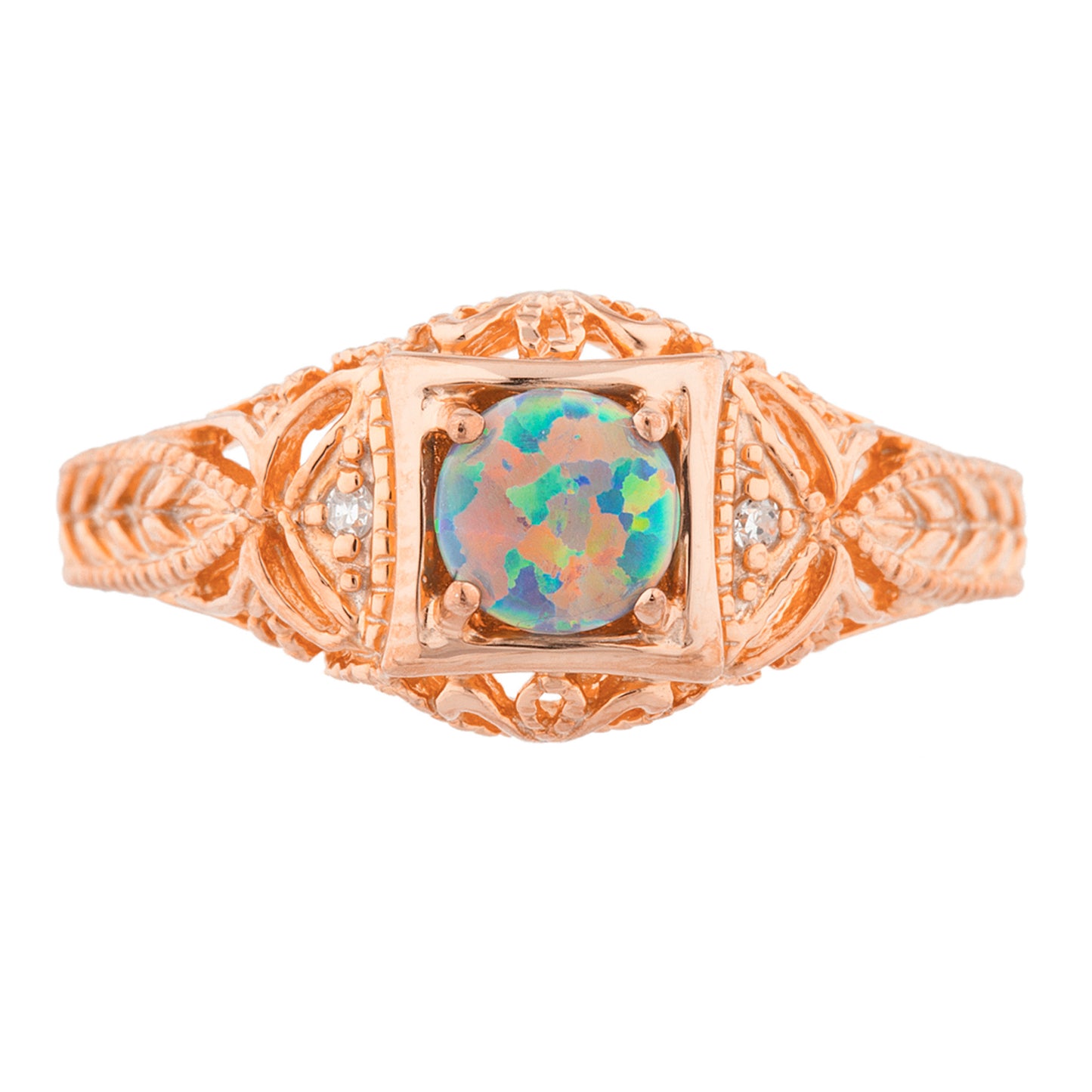 14Kt Gold Black Opal & Diamond Design Round Ring