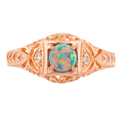 14Kt Gold Black Opal & Diamond Design Round Ring