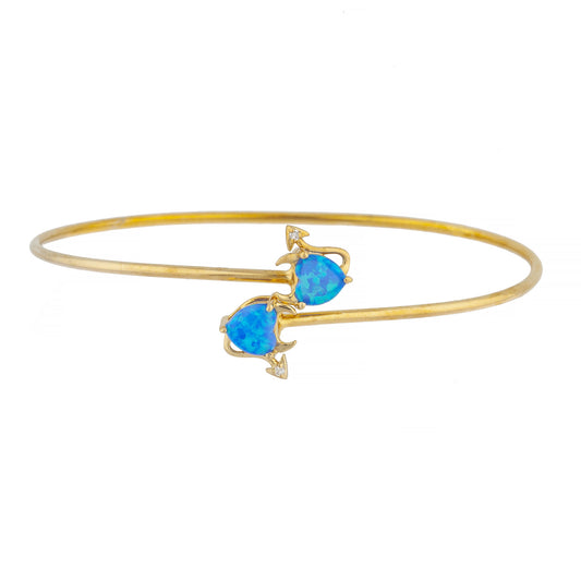 Blue Opal & Diamond Devil Heart Bangle Bracelet 14Kt Yellow Gold Rose Gold Silver