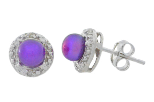 Natural Fuschia Freshwater Pearl & Diamond Round Stud Earrings 14Kt White Gold