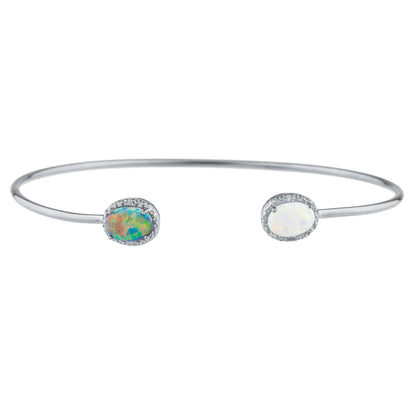 Black & White Opal Diamond Bangle Oval Bracelet .925 Sterling Silver Rhodium Finish