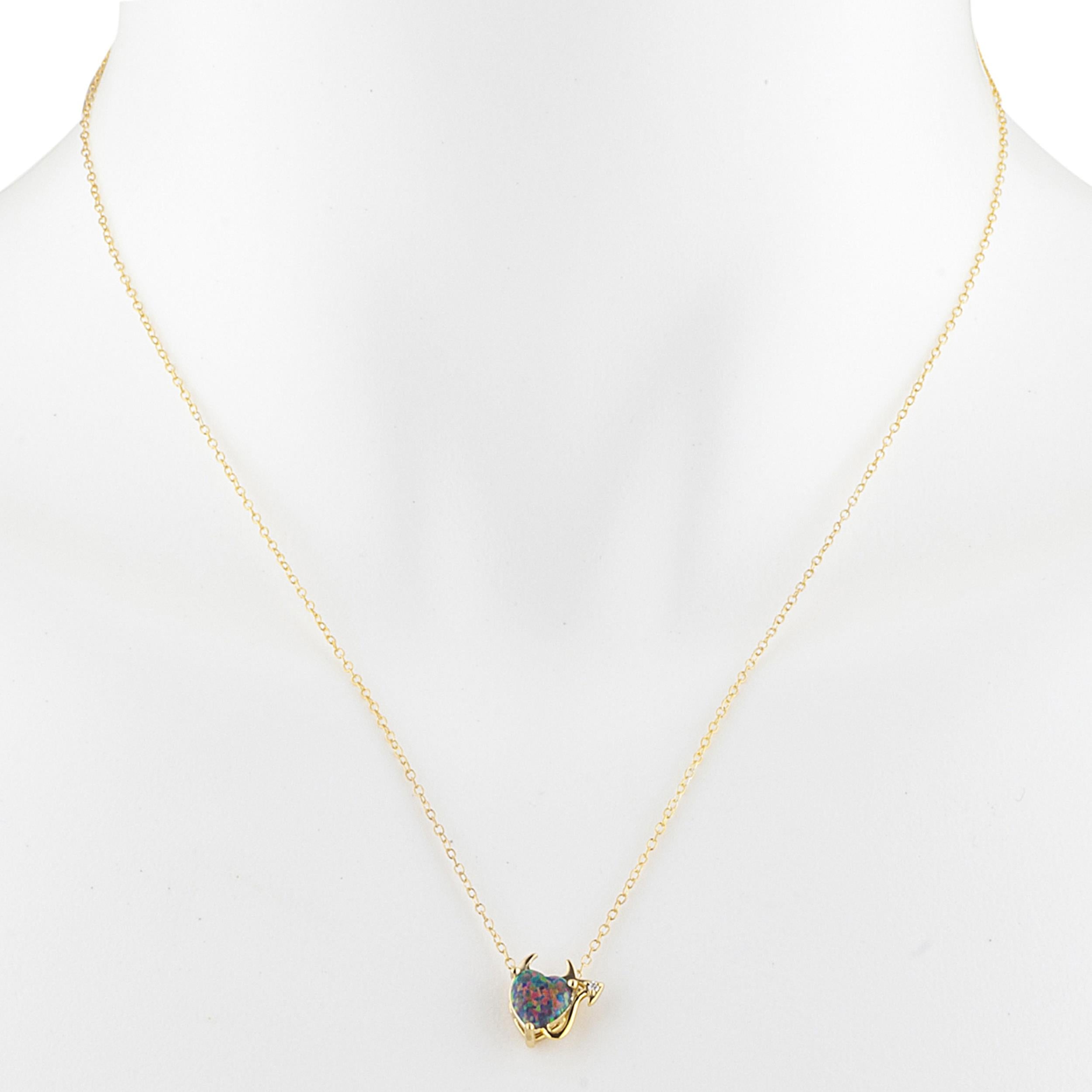 14Kt Gold Black Opal & Diamond Devil Heart Pendant Necklace