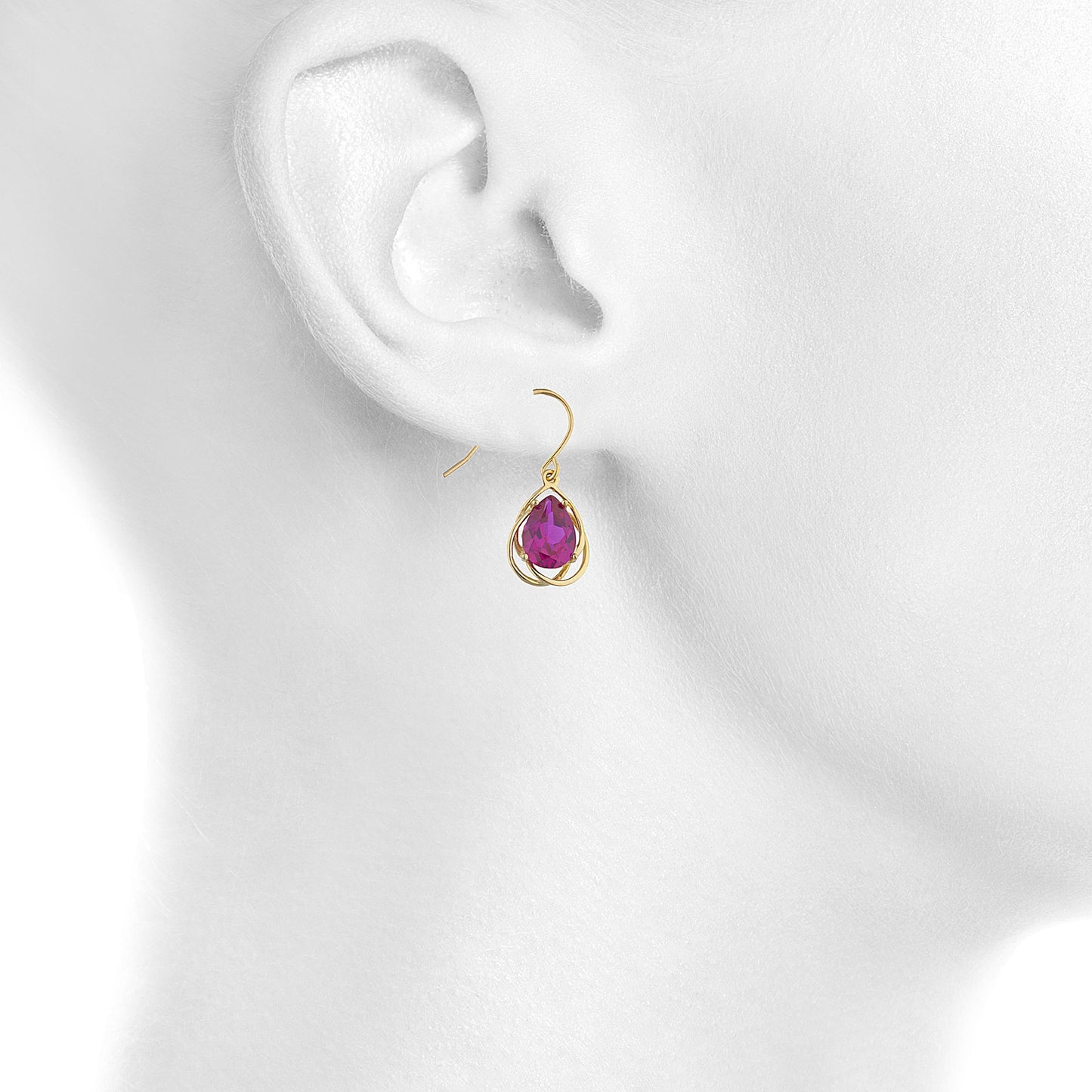 14Kt Yellow Gold Plated Created Ruby Pear Teardrop Design Dangle Earrings