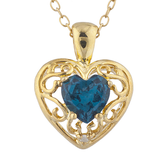 14Kt Yellow Gold Plated London Blue Topaz & Diamond Love Design Heart Pendant