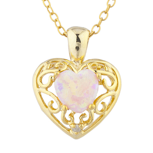 14Kt Yellow Gold Plated Pink Opal & Diamond Love Design Heart Pendant