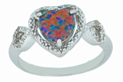 Black Opal & Diamond Heart Ring .925 Sterling Silver Rhodium Finish